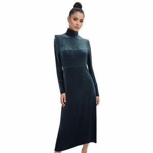 Bruno Duluc Velvet Turtleneck Maxi Dress Medium Dark Teal USA Stretch 90s 5101B